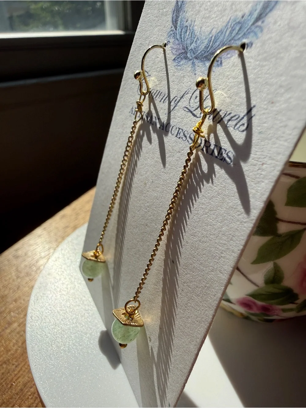 Handmade Chain Drop Earrings with Green Aventurine Stone Beads